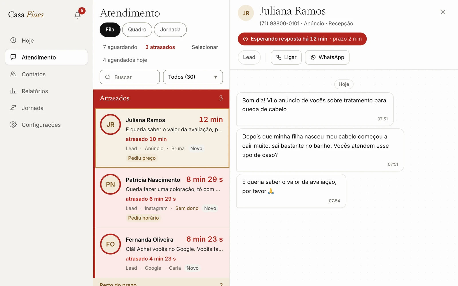 Lead atrasado em vermelho e os alertas do sino