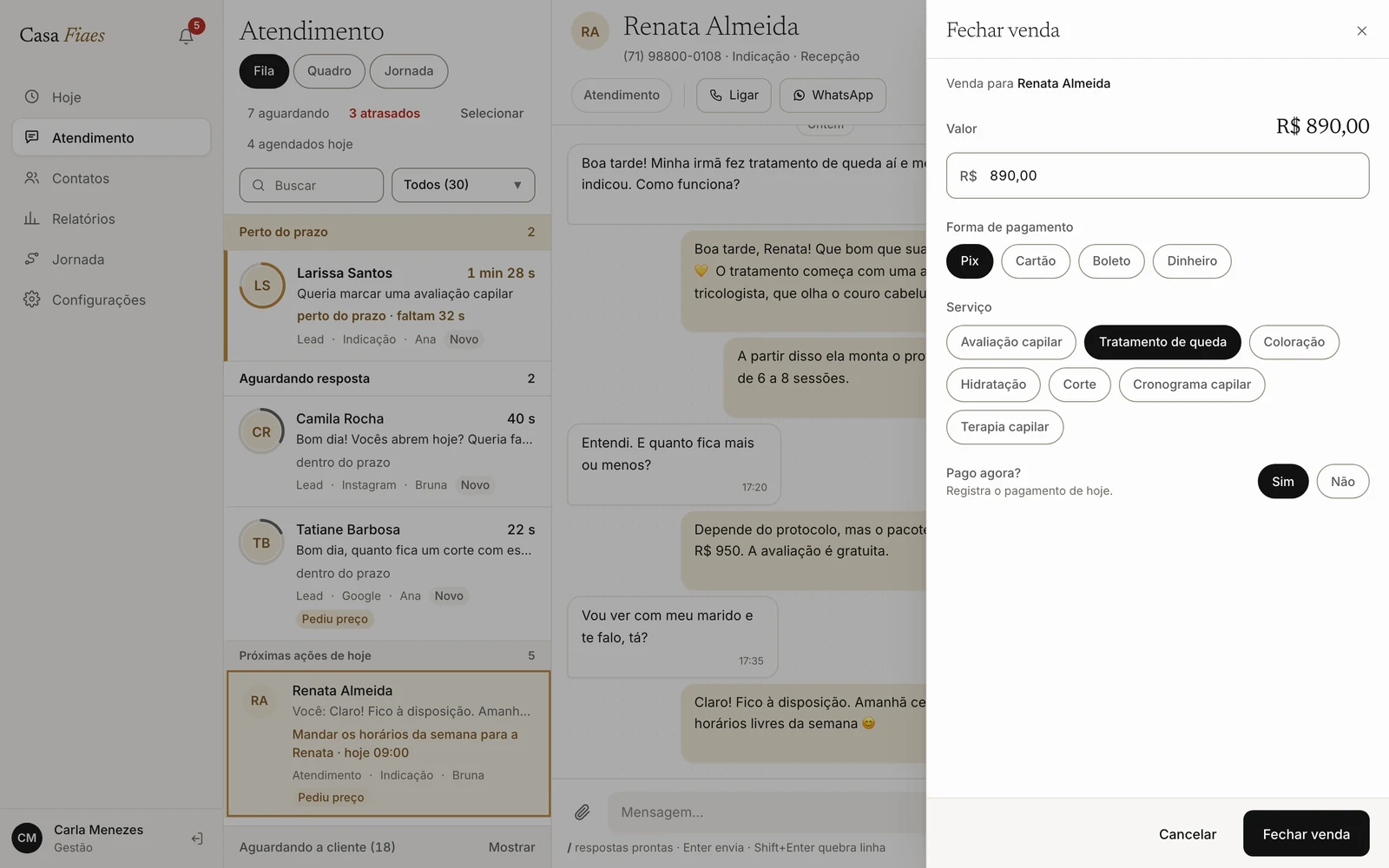 Fechar venda com valor, Pix e serviço sobre a conversa