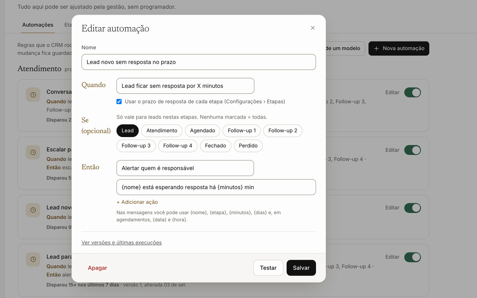 Editor de automações Quando, Se, Então